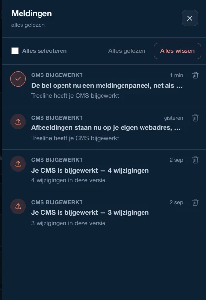 Het meldingenpaneel in het CMS, met de berichten die trAIl achterlaat als het CMS is bijgewerkt.