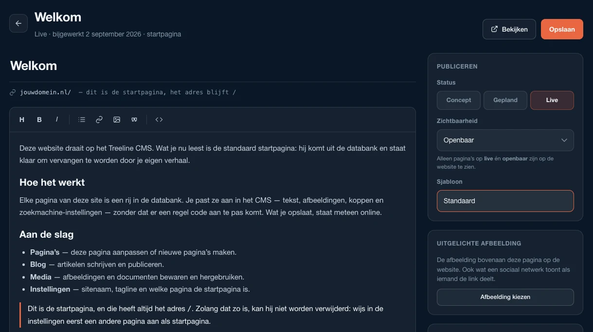 Het bewerkscherm van een pagina in het trAIl CMS: de tekst links, en rechts de instellingen voor status, zichtbaarheid en de uitgelichte afbeelding.